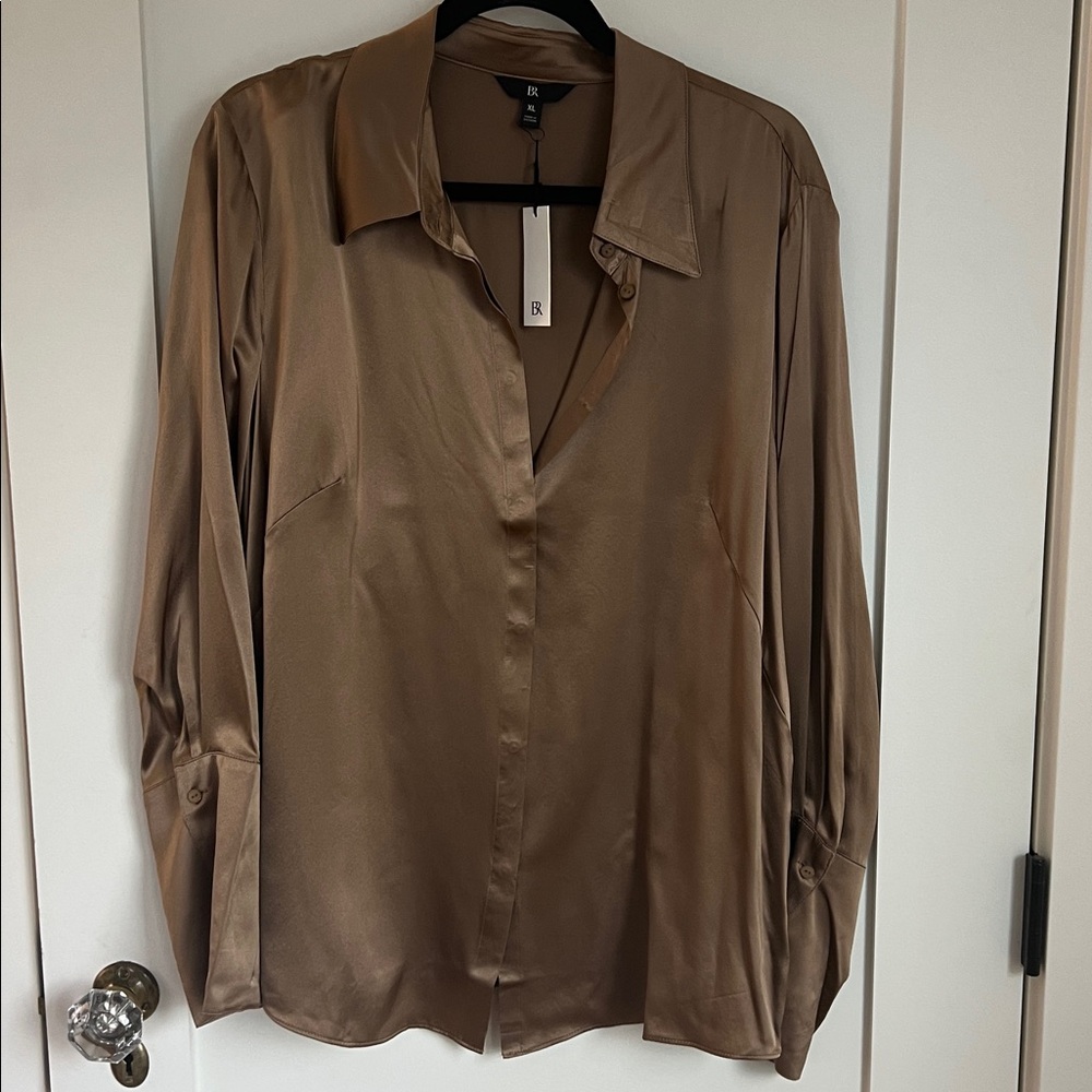 🕶️New Banana Republic- 100% Silk Stretch Blouse XL Brown Bronze - Picture 2 of 8